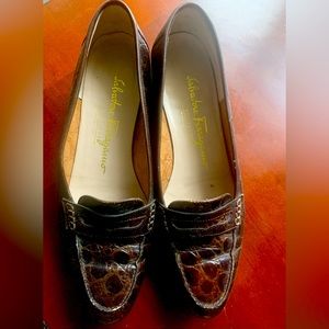 Salvatore Ferragamo brown, patent croc design loafers size 5